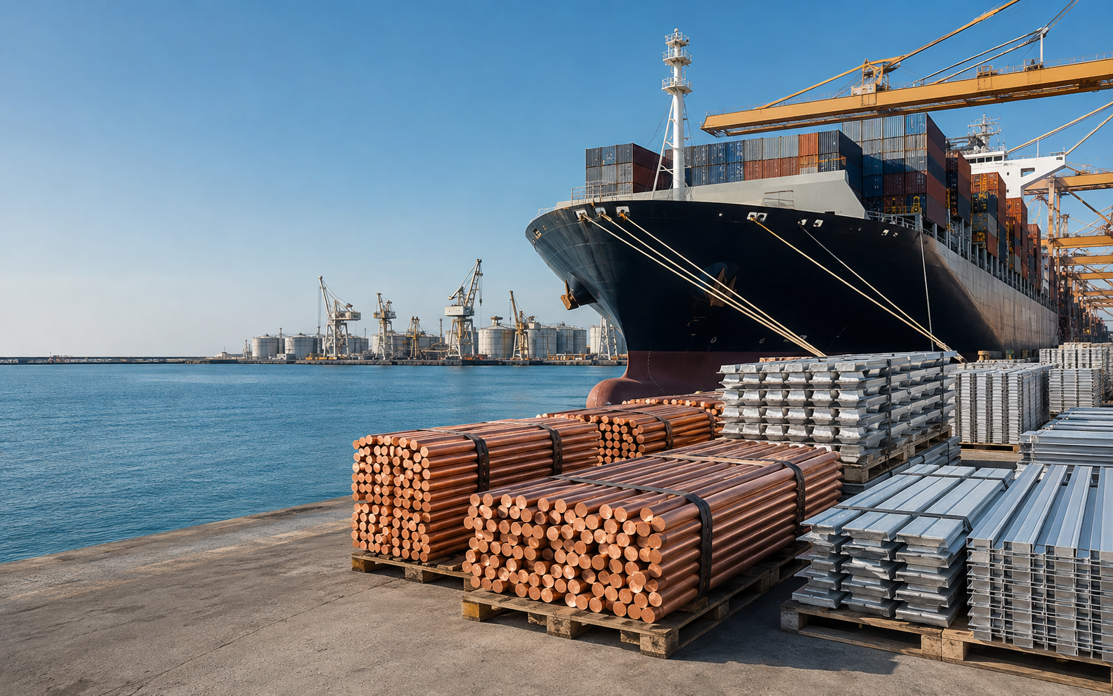 Cargo ship with copper rods and aluminium at an international port